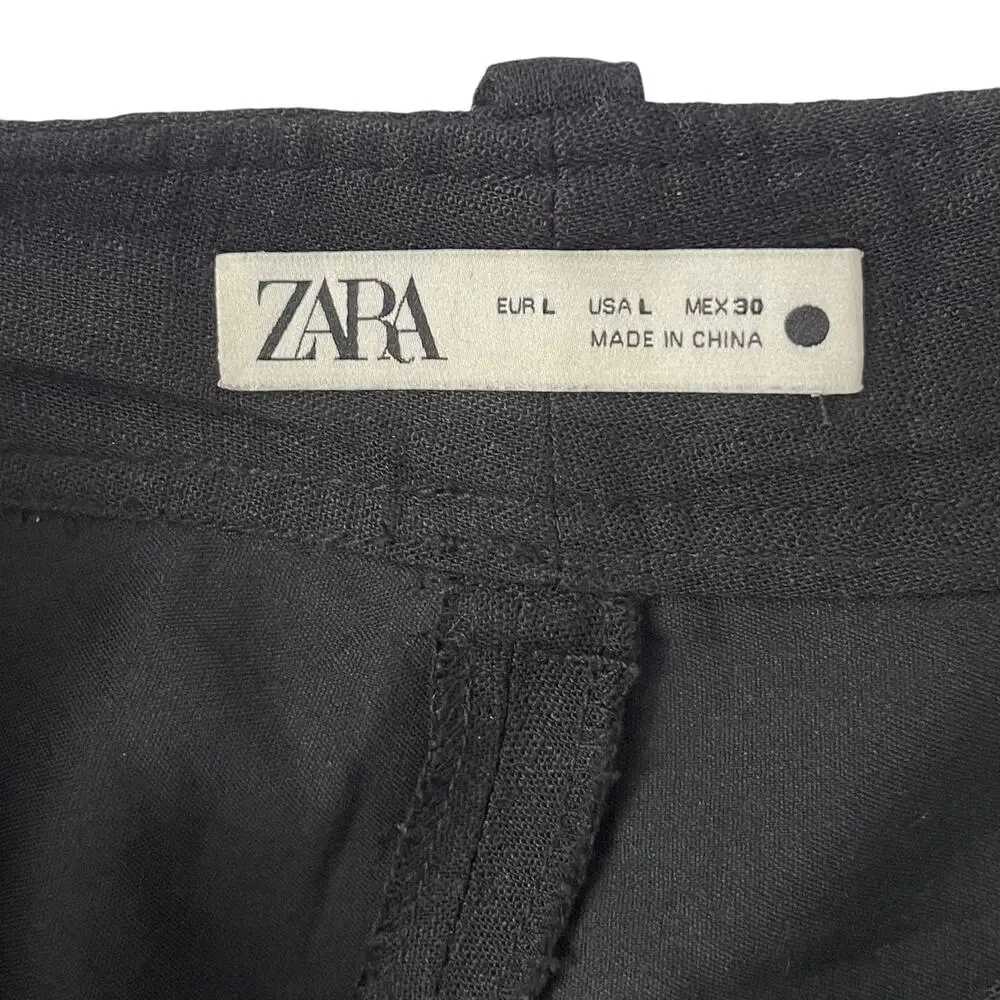 Zara Linen Blend Cropped Pants - Black with White Contrast Embroidery - Size L